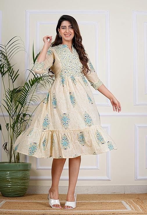 Monique Brand Women's/Girls Cotton Kurta for Women Floral Printed Anarkali Kurta || Floral Flared Western Dress