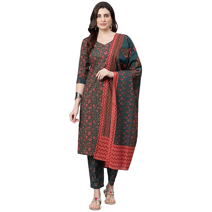 idaLia Womens Ethnic Wear Pink Printed Straight Cotton Kurta Set with Dupatta for Women