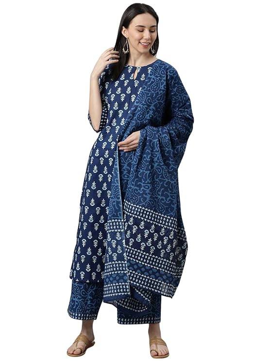 Amayra Women's Cotton Printed Straight Kurta with Palazzos and Dupatta Set