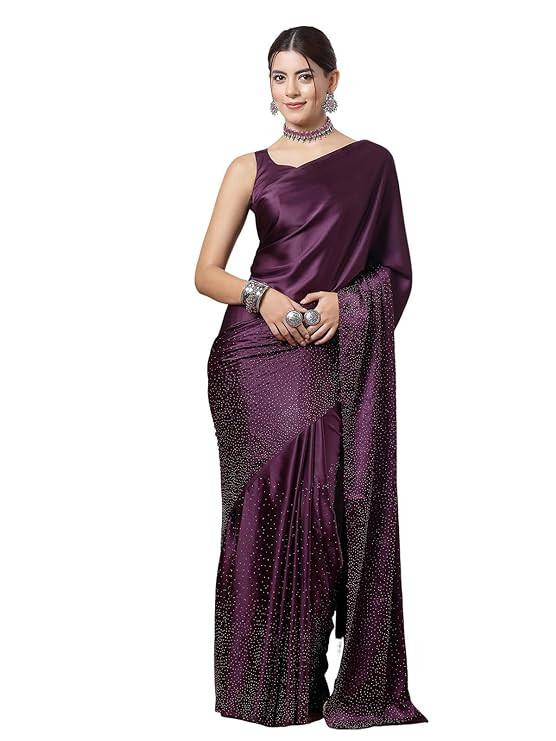 SIRIL Satin Silk Hot Fixing Stone Work Saree for Women With Unstitched Blouse Piece