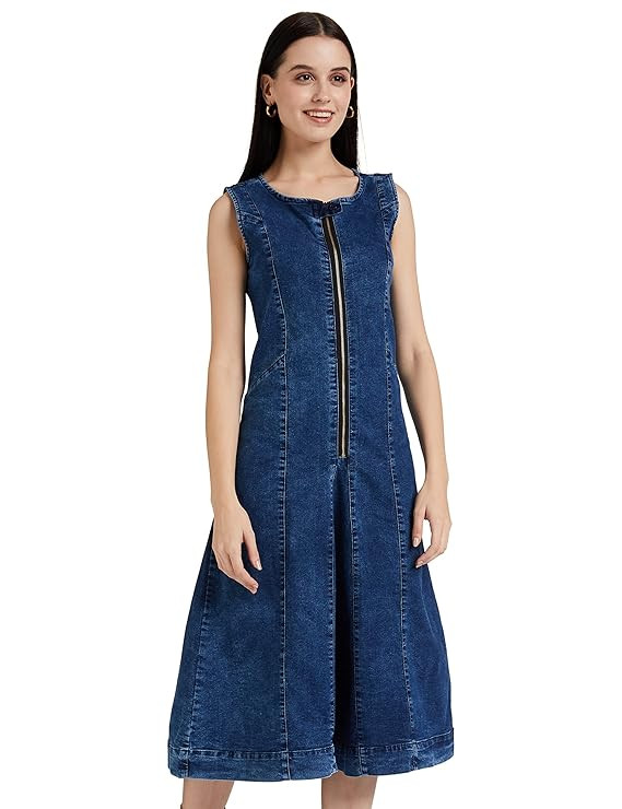 Amazon Brand - Symbol Skater Women's Denim A-line One Piece Midi Length Dress