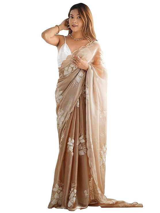 AKHILAM Women's Shimmer Organza Sequence Embroidery Saree With Unstitched Blouse Piece