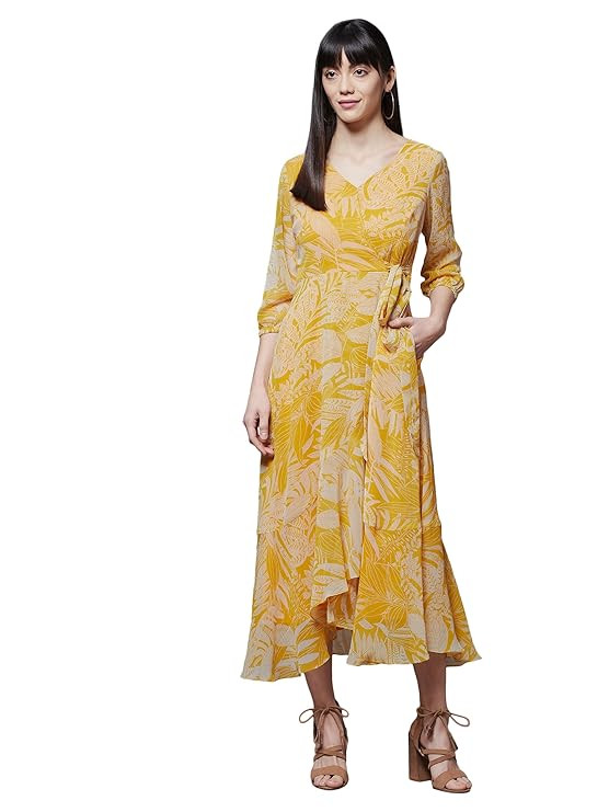 Miss Chase Women's Multicolored V-Neck Three-Quarter Sleeves Geometric Patterned Wrap Midi Chiffon Dress